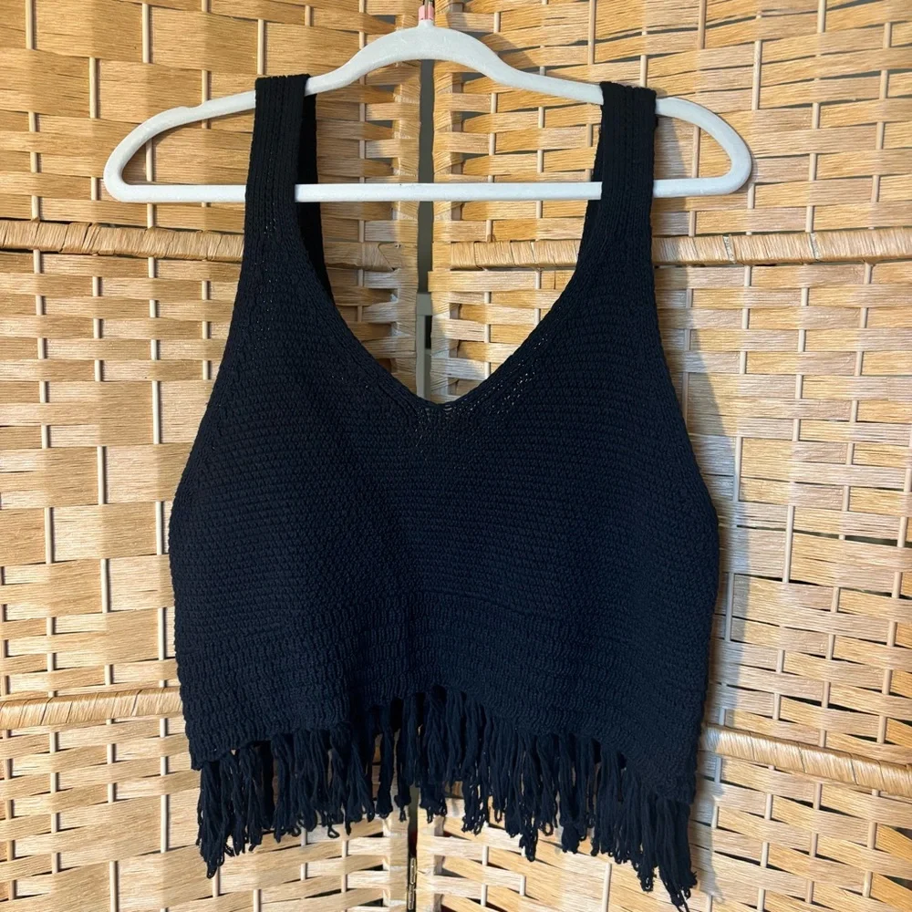 NWT Anthropologie Pilcro Black Fringe Sweater Tank Crochet Top Petite Medium